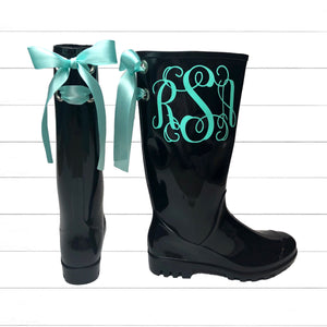 Monogrammed Black Rain boots with bow