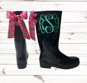 Monogrammed Black Rain boots with Lilly bows | Southern Sugar Studio